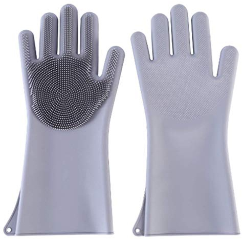 Magic Silicone Dishwashing Gloves Scrubbing Sponge Gloves for Dish, Kitchen, Car, Bathroom, Pet and More,1 Pair (grey)