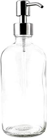 1 flacon rond en verre transparent vide, 473,6 g, avec pompe en argent, pour produits de toilette, liquides, douche, shampooing, après-shampooing, savon pour les mains