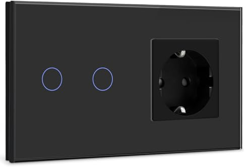 BSEED Touch Lichtschalter mit Steckdose mit LED Anzeige,2 Fach 1 Weg Wandschalter mit Steckdosen,Unterputz Touchscreen-schalter mit Glasrahmen Schwarz（Max. Last: 3-500 W)(Nicht Smart Schalter)