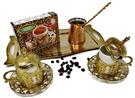 Turkish medium roast Coffee Gift Set for Two with Ground Coffee Perfect Starter Kit Ottoman Style Arabic Kahwa Pot (Gold), 1 count