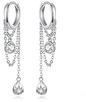 GRGFG Damen Creolen Ohrringe, 925 Silber Creolen Hängende Zirkonia Lange Kette, Runde Ohrringe Kleine Creolen Tropfen Baumeln Punk Straße Schmuck Geschenke Für Ihre Frauen Mädchen