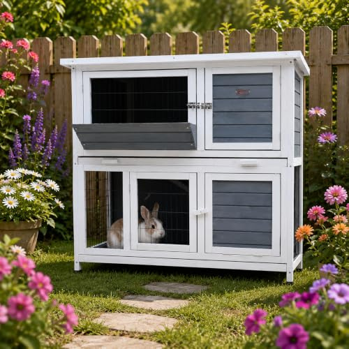 BUNNY BUSINESS 4ft 2-Tier Double Decker Rabbit/Guinea Pig Hutch Hutches with Sliding Trays & Ramp Run Hutches Cage Guinea Pig Ferret House Home Double Decker (Grey)