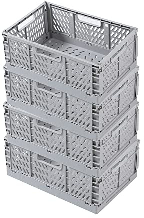 Ygapuzi Plastic Collapsible Crate Folding Storage Basket with Handle for Shelves Home Kitchen Classroom and Office Vanity Bathroom Organization Drawer Clapboard Partition (Gray-4pack)