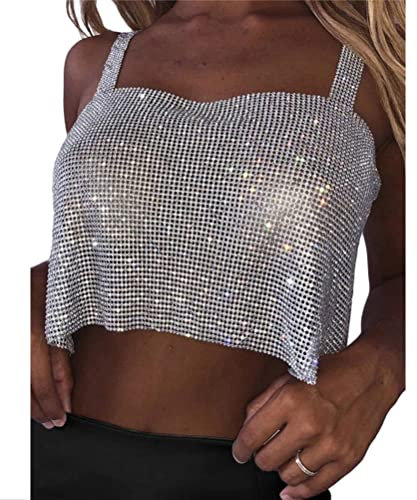 Onsoyours Bling Strass Party Crop Top Fashion Solid Backless Straps Voll Diamanten Pailletten Cami Cropped Top für Frauen A Silber S