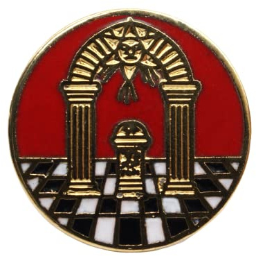 Runde Anstecknadel mit Freimaurerbogen, Rot und Gold, Metall