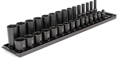 TEKTON 3/8-Antrieb 6-Kant Kraft-Steckschlüssel-Satz mit Schienen, 30-teilig (1/4-1) | SID91210 | (0.6 cm-2.5 cm ), flach und tief, 6-kant, Steckschiene