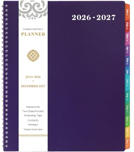 2026-2027 Monthly Planner - 18-Months Monthly Planner/Calendar 2026-2027, JUL. 2026 - DEC. 2027, 9'' x 11'', 26-27 Monthly Planner with Colorful Month Tabs - Purple