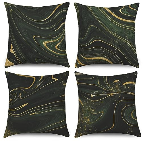 ASDCXZ Marmor Kissenbezug 40x40 cm 4er Set, Modern Dunkelgrün Schwarz Gold Marmor Optik Sofa Dekokissen Kissenbezüge Kissenhülle Waschbar Polyester Flachs Textil Polster Kopfkissenbezug Kissen Bezug
