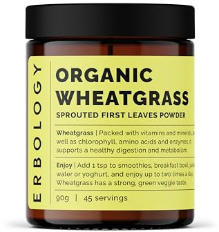 Erbology Organic Wheatgrass Powder 90g - 45 Servings - Body Cleansing and Gut Health Support - Rich in Chlorophyll and Iron - Sustainably Sourced in Europe - Small Batch - Vegan - GMO-Free