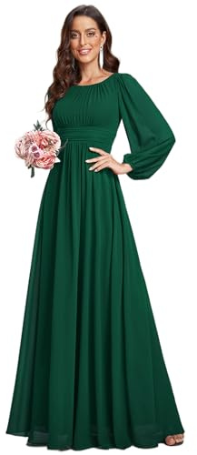 Ever-Pretty Women's Bright Round Neck Long Sleeve Chiffon Floor Length Evening Dresses ES0106B | Crewneck, Floor Length, A-Line, Smocked Waist, Mother of the Bride Dresses, Bridesmaid Dress, Evening Gown