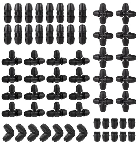 FOGWOWO 150 Stück 1/4 Zoll Tröpfchenbewässerungsbausätze,Gartenschlauch Verbinder Barbed Anschluss für Bewässerungssystem (50 Kupplungen,50 Tees,20 Ellenbogen,20 Enden,10 Vier-Wege)