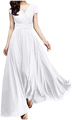 Nidddiv Women's V-Neck Elegant Dress Solid Color Short Sleeve Chiffon Maxi Dress High Waist Evening Gowns Ruffle Swing Dress Lightweight Cocktail Dresses for Women UK Womens A Line Prom Dresses White