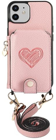 VQWQ Wallet Case Compatible with iPhone 13 Pro 6.1 - 1,5M Strap Zipper Heart Leather Case Card Slot Stand Anti-Shock Cash Pocket Full Protect Kickstand Cover For iPhone 13 Pro 6.1 [AX] -Pink