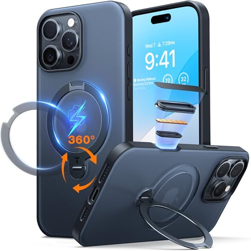 TORRAS Ostand Q3 Spin für iPhone 16 Pro Max Hülle mit 360° Ständer Schwarz | (360° Magnetischer Unsichtbarer Ständer) Zertifizierte Militärschutz, MagSafe Kompatibel, Stoßfest Matt Rückseite Handyhülle