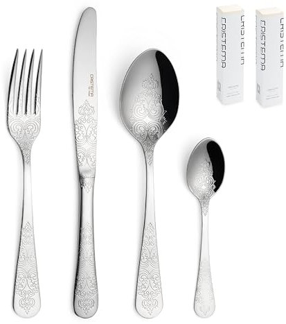 Colección Antique - Juego de Cubiertos de 24 Piezas - Fabricado con acero inoxidable 18/10, con tenedor, cuchara, cuchillo para plato principal y postre, apto para lavavajillas.