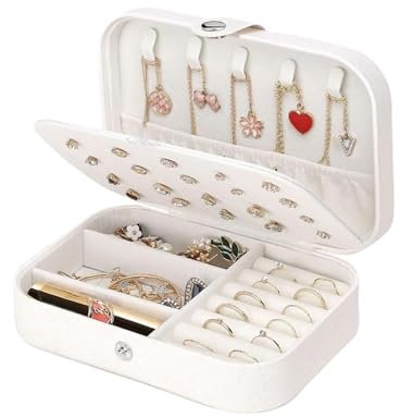 ASFWAGQ Reise Schmuckkästchen Klein PU-Leder Schmuckaufbewahrung Damen Schmuckkoffer Klein Schmuckbox für Ohrringe,Ringe,Halskette,Geschenk -Weiß