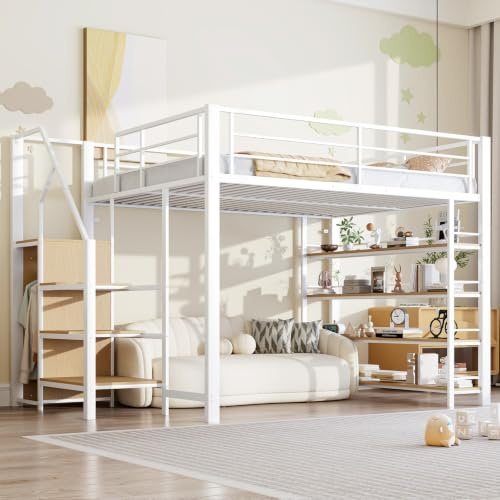 PUGSDRLY Lit Mezzanine 2 Place,Lit Enfant,Lit Mezzanine Enfant 140x200cm,avec Escalier de Sécurité, Espace de Rangement et Petite Armoire,Etagères,Design de Clôture Haute (Blanc, 140x200cm)
