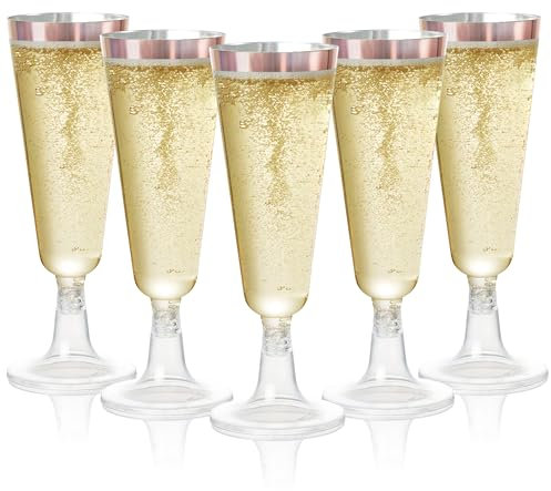 Matana - 24 Eleganti Flûte in Plastica con Bordo Oro Rosa, 150ml - Flûte per Champagne, Calici in Plastica Rosa, Bicchieri per Spumante per Matrimoni, Addio al Nubilato - Resistenti e Riutilizzabili