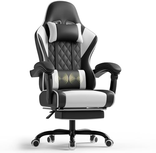 TRIUMPHKEY Gaming Chair for Adults with Footrest, Ergonomic Computer Chair with Massage Lumbar Support, Reclining Backrest, Swivel Office Gamer Chair with Headrest (White)