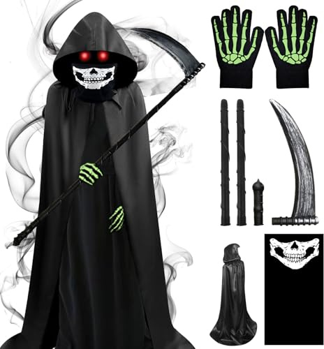 Costume Morte Bambini, Costume Mietitore Di Halloween Bambini, Set Maschera Di Scheletro, Comprende Un Mantello Mietitore 120 cm, Falce, Maschera, Guanti, Per Halloween, Carnevale, Gioco Di Ruolo