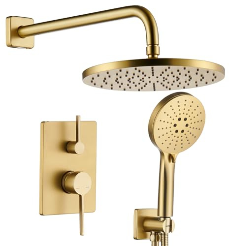 AONEON Bathroom Shower Trim Kit with 10'' High Pressure Rain Shower Head, 3-Function Handheld Spray and Valve Included, Wall Mounted Gold Finish SF001GD-D10
