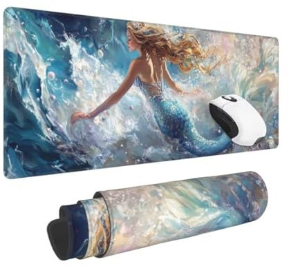 Gaming Mauspad XXL Prinzessin Großes Mousepad 600 * 300mm rutschfeste Schreibtischunterlage Meer Mouse Pad mit Vernähte Kanten Verbessert Desk Mat Geschwindigkeit und Präzision für Gaming und Büro