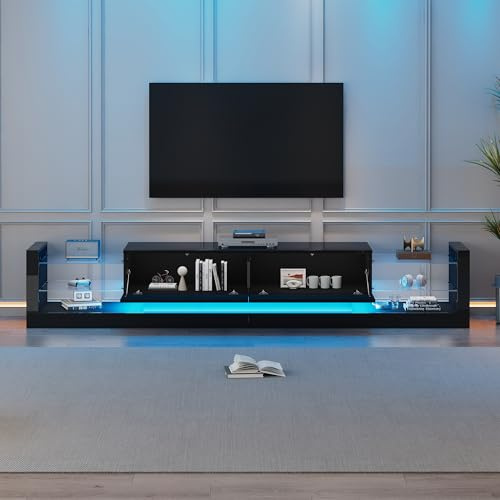 BTM Meuble TV Noir avec LED, avec Tiroirs et Compartiments, Banc TV en Verre pour Salon, Charge 50kg, pour Télé de 80 Pouces, 180x38x38cm, Noir