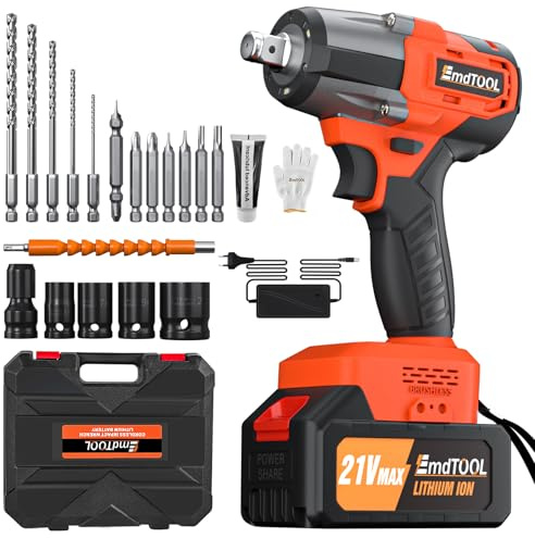 Cordless Impact Wrench,1/2 Brushless Power Impact Gun,2500RPM Electric Wrench with 4 Sockets, 12PCS Screwdriver Bits, Large Capacity Battery & Carry Box for Car Home (Orange)