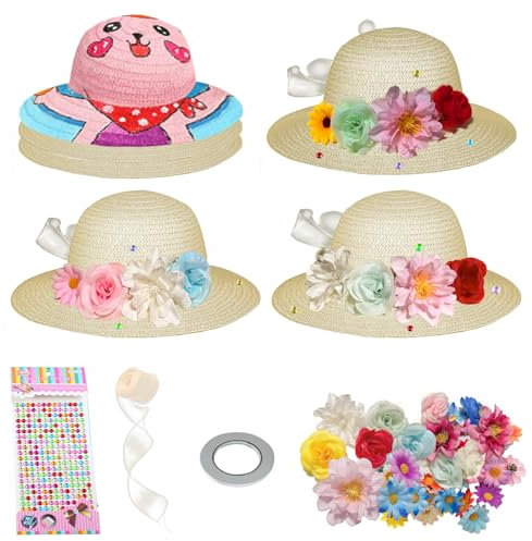 12 Set DIY Tea Party Hats for Girls Straw Hat with Artificial Flowers for Girls Home School Creative Craft Art Painting Hats Cowboy Dress Up Straw Hat Tea Birthday Party Decoration Favors Supplies