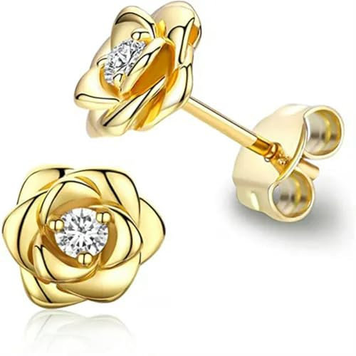 Ohrringe mit Zirkonia, 925er Silber, vergoldet, für Damen, hübsche Blume, Gold