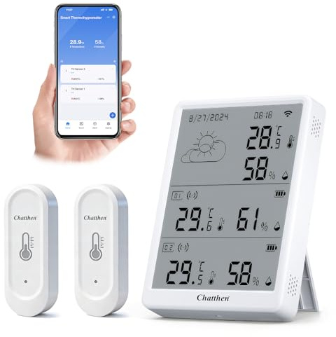 Chatthen Thermometer Innen Außen, Wlan luftfeuchtigkeitsmesser Humidity Monitoring, 100 m Range, Smart Thermometer Free Data Export and Kalibrierung, 2 Sensors and 1 Base Station Compatible with Alexa