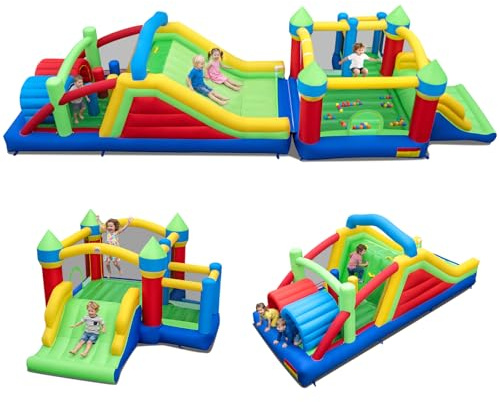 COSTWAY Inflatable Bounce House, Giant Kids Bouncy Castle with Dual Slides, Obstacles, Tunnels, Climbing Wall, Trampoline, for Boys Girls 3-12 Years Old