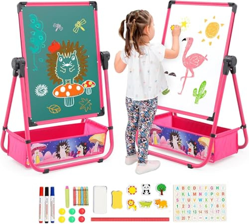 Siairo Kinderstaffelei, Kinder Staffelei Magnetische Kreidetafel & Whiteboard, Höhenverstellbar 29.5inch-44inch , 360 Grad Drehbare Kreidetafel, Geschenk für Kinder (rosa)
