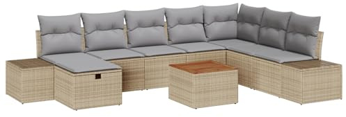 vidaXL Conjunto de Sofá de Jardín en Esquina de 9 Piezas con Cojines de | Muebles de Exterior Modernos en Rattán PE Gris Claro y Beige para tu Patio y Terraza Cómodos