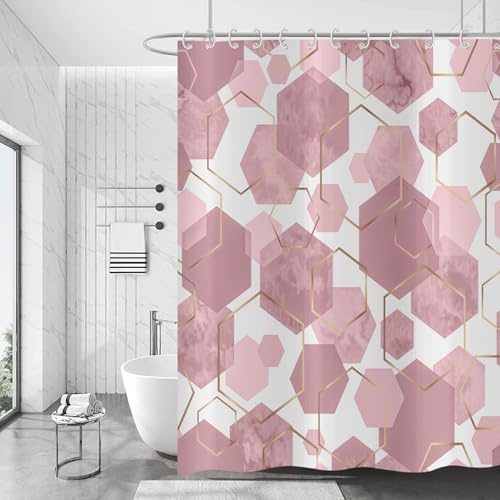 Hnmdmyi Duschvorhang Rosa 180x200, Moderne Geometrische Sechseck Abstrakte Kunst Badewanne Vorhang Wasserdicht Polyester Stoff Waschbar Badevorhang für Badezimmer mit Haken