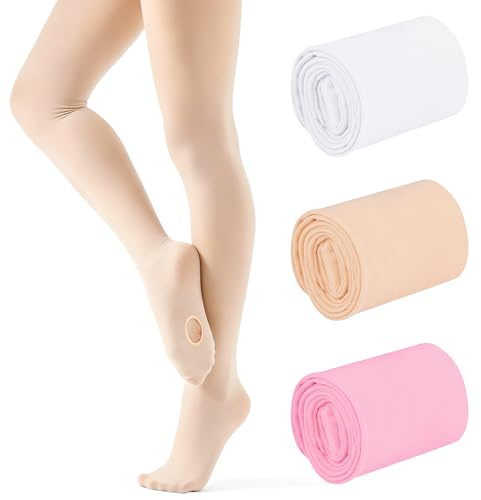 Cooraby 3 Pairs Girls Ballet Dance Tights Transition Tights Convertible Dance Leggings 6-14Y
