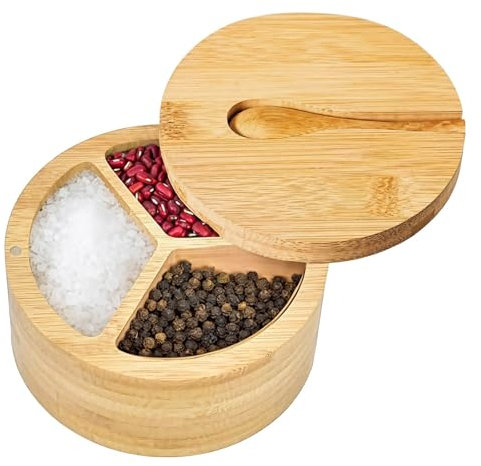yeeplant Salière et poivrière en bois avec 3 compartiments, rangement de condiments pour épices, assaisonnements, herbes, comprend une cuillère et un couvercle absorbant, organiseur de cuisine de 12