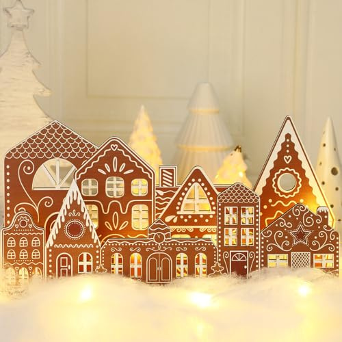 Rossesay Christmas Gingerbread House Decor with Light Wooden Village Set