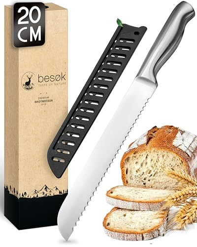 besøk Brotmesser mit Wellenschliff für müheloses Schneiden von Brot | Scharfes Brotschneidemesser für saubere Scheiben ohne Zerdrücken, rostfreie Edelstahl-Klinge mit Klingenschutz - Bread Knife