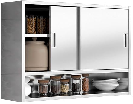 Hängeschrank Küche aus Edelstahl mit Schiebetüren Haushaltsschrank Höhenverstellbare Einlegeböden Mehrzweckschrank Metall für Garage, Büro, Küche(100 * 35 * 70.1cm)