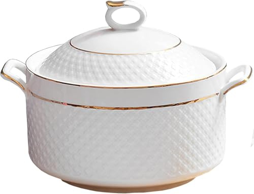 Tureen de cerámica con tapa de cristal, cuenco redondo de gran capacidad de 2,2 L con cuchara, borde dorado para el hogar y restaurante