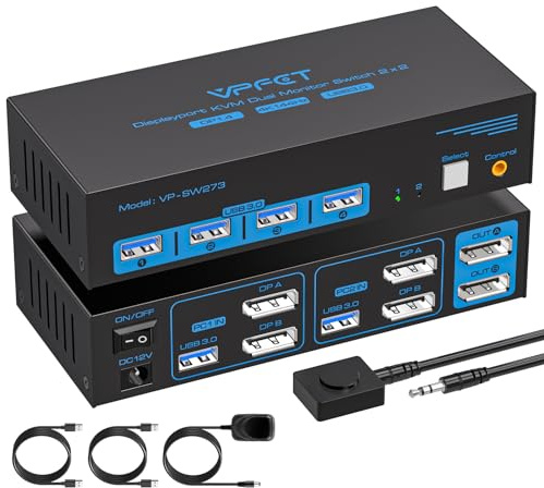 AILVLVNG 4K144Hz Displayport KVM Switch 2 PC 2 Monitore 8K60Hz USB 3.0 KVM Umschalter für 2 Desktop teilen Sich Dual Monitor und 4 USB Geräte Support Extended/Copy Mode mit Desktop Controller
