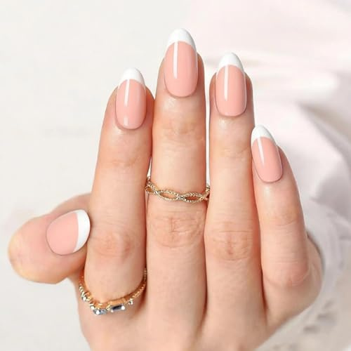 Nymora Press On Nägel, 30 Stück Mandelförmige Weiße French Tip Fake Nägel Kurz, DIY Nageldesign Set für Frauen