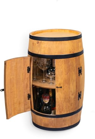 CREATIVE COOPER Fassbar Stehtisch mit Tür - Alkoholschrank Flaschenregal Holz - Holzfass - Fassmöbel - Wineregal - Whiskybar- Weinfass mit Tür - 80 cm (Eiche)