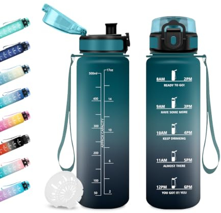JAPORIA Trinkflasche 500ml, Wasserflasche mit Zeitmarkierung, Trinkflasche Kohlensäure geeignet, Auslaufsicher, BPA-frei, Sportflasche für Fitness, Fahrrad, Büro, Schule, Outdoor, Yoga, Erwachsene