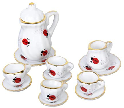 Wxyestna 15 Uds 1/12 casa de muñecas vajilla en Miniatura Juego de té de Porcelana Plato Taza Plato Estampado de Mariquita