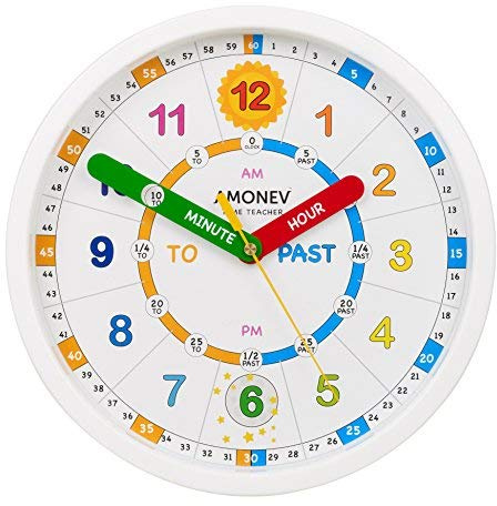 Amonev Time Teacher Scope Wall Clock for Children, Easy to Read Dial with Silent Ticking. Teach Children how to Read and Tell the Time with this Analogue Clock.