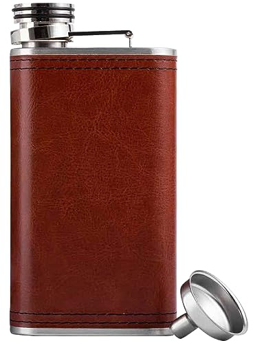 Hip Flask for Liquor for Men & Women - Wide mouth Leak Proof - Brown PU Leather 8oz Grip Cap Pocket Flask + Funnel