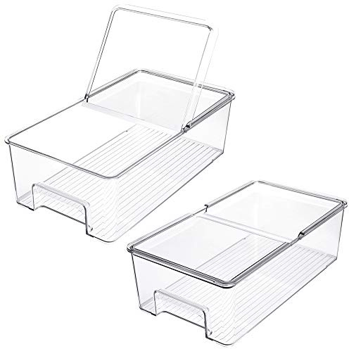 SANNO Vegetable Refrigerator Organizer Food Bins with lids Large Stackable Fridge Clear Organizers Kitchen Cabinet Organizer for Freezer, Kitchen, Countertops, Cabinets Pantry Storage Bins，set of 2