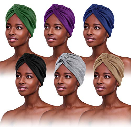 PHOGARY 6 Stücke Turban für Damen,Verknotet Turban Tuch Falten-Kopfbedeckung Damen Kopftuch Damen Sommer Turban Mütze Damen Chemo Kopfbedeckung Hut Für Haarverlust Chemo Baumwollmütze, 6 Farben